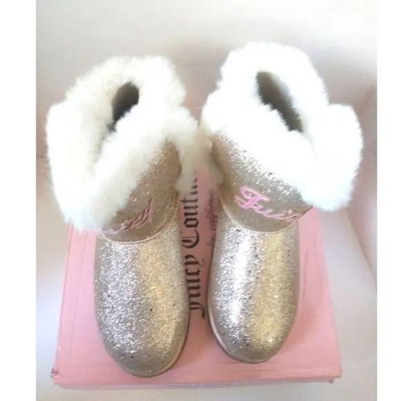 New! JUICY COUTURE Girls Mendota Gold Glitter Faux Fur Boots Booties Shoes