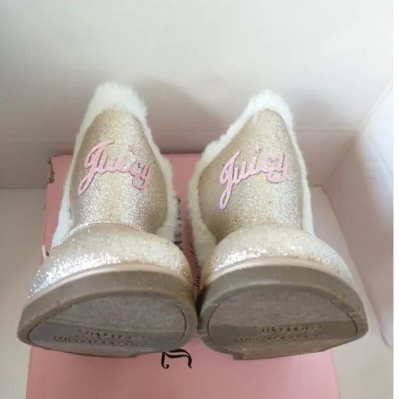 New! JUICY COUTURE Girls Mendota Gold Glitter Faux Fur Boots Booties Shoes