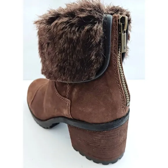 NEW Lucky Brand Brown Suede Bootie Faux Fur Cuff Stacked Wood Heel Sz 7