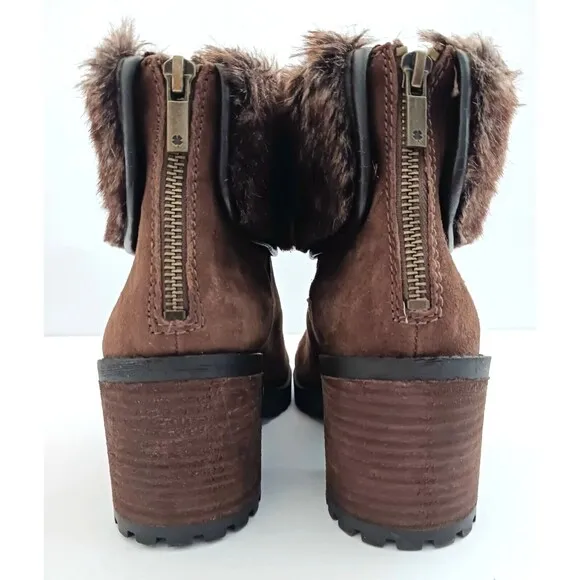 NEW Lucky Brand Brown Suede Bootie Faux Fur Cuff Stacked Wood Heel Sz 7