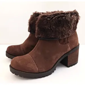 NEW Lucky Brand Brown Suede Bootie Faux Fur Cuff Stacked Wood Heel Sz 7