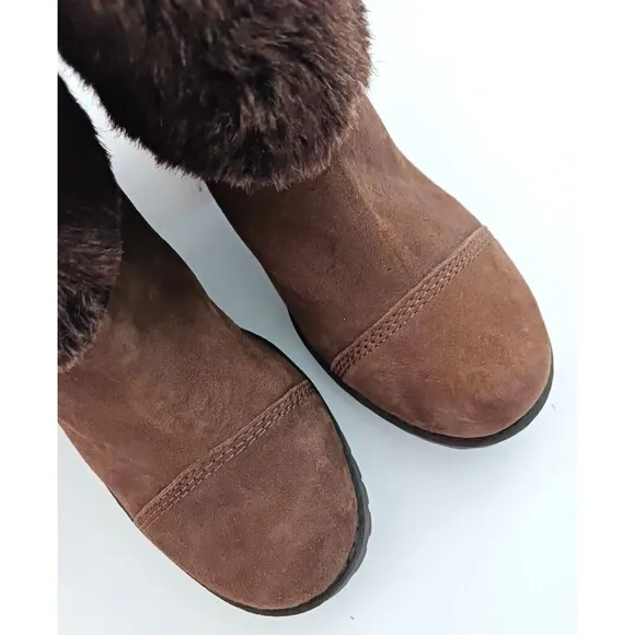 NEW Lucky Brand Brown Suede Bootie Faux Fur Cuff Stacked Wood Heel Sz 7
