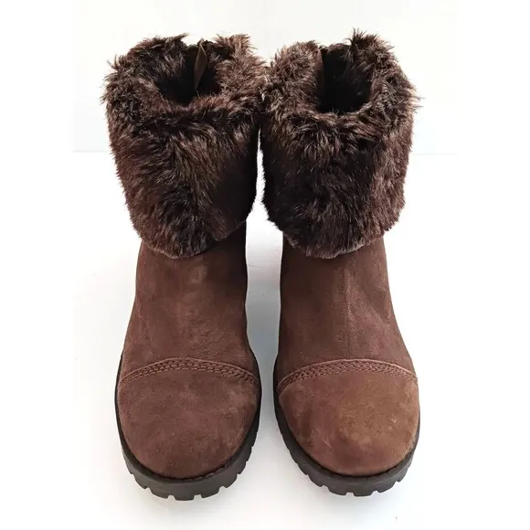 NEW Lucky Brand Brown Suede Bootie Faux Fur Cuff Stacked Wood Heel Sz 7