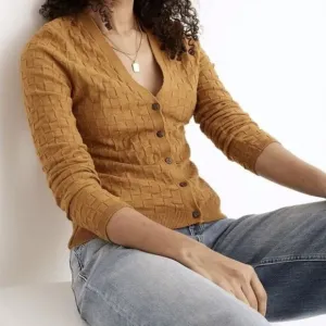 NEW Madewell Malvern Slim Texture Mustard Long Sleeve Button Cardigan Sweater Sm