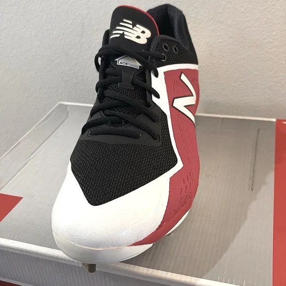 NEW [New Balance] Faux Leather Metal Cleats Red/Black/White Mens Sz 16.0