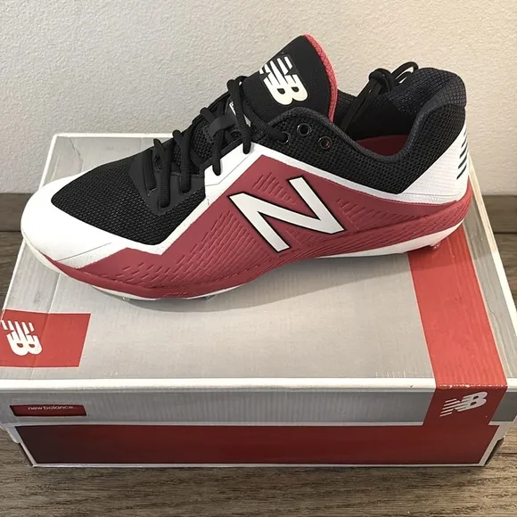 NEW [New Balance] Faux Leather Metal Cleats Red/Black/White Mens Sz 16.0