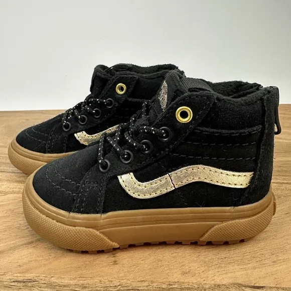 New NWOB Little Kids Vans Sk8-Hi Zip MTE-1 Black/Gold Sneakers Shoes Size 5 C