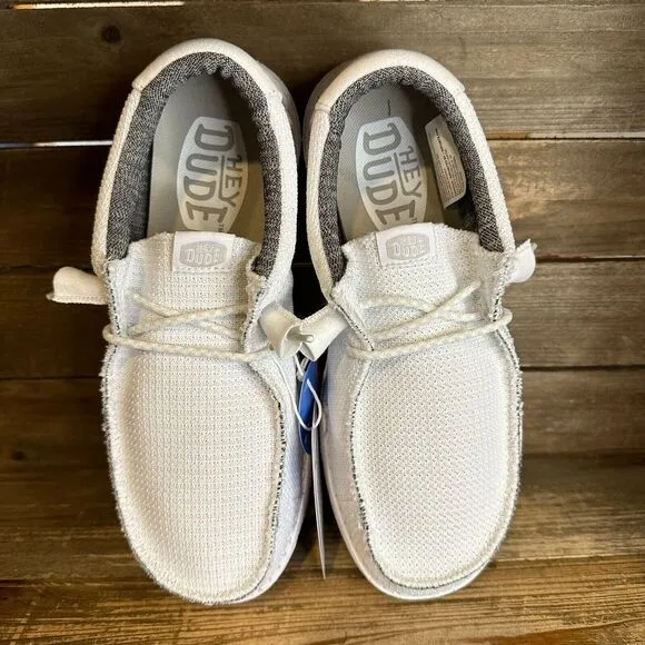 New NWT Hey Dude Wally‎ Sport Mesh Wide White Slip On Shoes Loafers Size 7 E