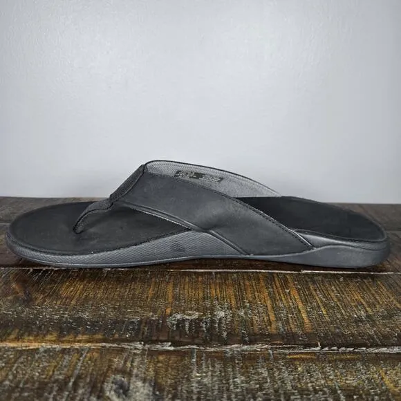 NEW OluKai Tuahine Mens Size 13 Beach Flip Flops Sandals Leather Black Grey