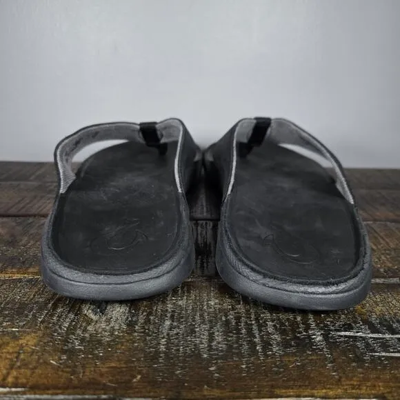NEW OluKai Tuahine Mens Size 13 Beach Flip Flops Sandals Leather Black Grey