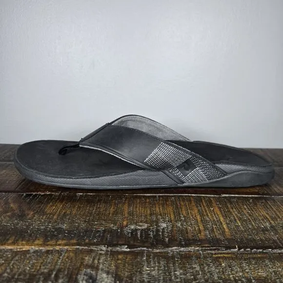 NEW OluKai Tuahine Mens Size 13 Beach Flip Flops Sandals Leather Black Grey