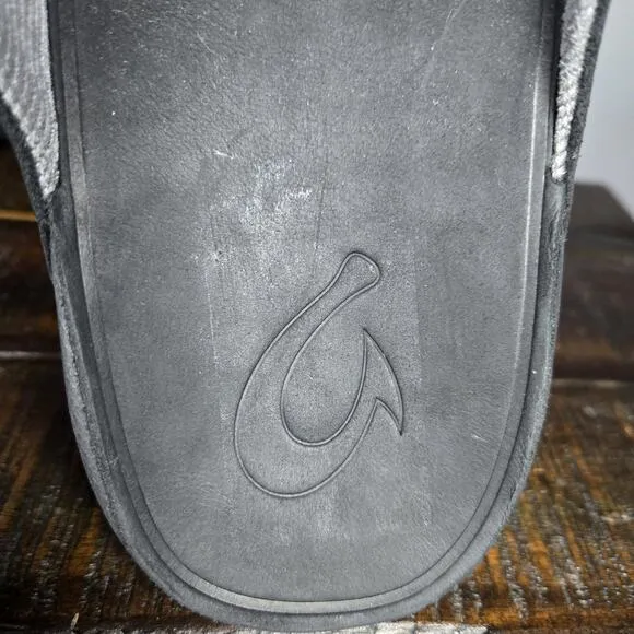 NEW OluKai Tuahine Mens Size 13 Beach Flip Flops Sandals Leather Black Grey