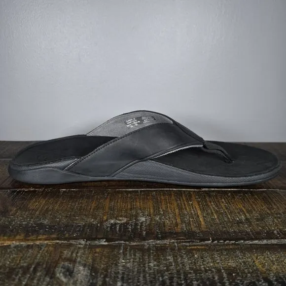 NEW OluKai Tuahine Mens Size 13 Beach Flip Flops Sandals Leather Black Grey