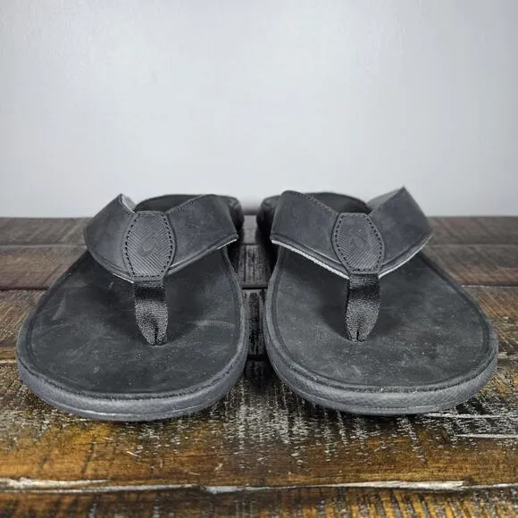 NEW OluKai Tuahine Mens Size 13 Beach Flip Flops Sandals Leather Black Grey