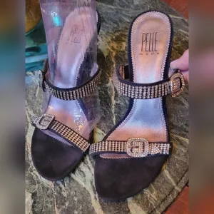 NEW PELLE MODA BLACK CRYSTAL BUCKLE HIGH HEEL SLIDE EVENING SANDALS SHOES 9
