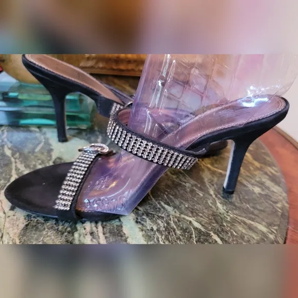NEW PELLE MODA BLACK CRYSTAL BUCKLE HIGH HEEL SLIDE EVENING SANDALS SHOES 9