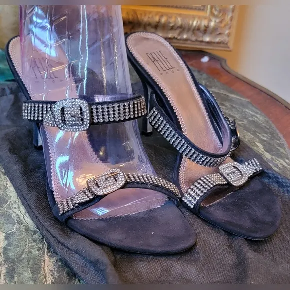 NEW PELLE MODA BLACK CRYSTAL BUCKLE HIGH HEEL SLIDE EVENING SANDALS SHOES 9