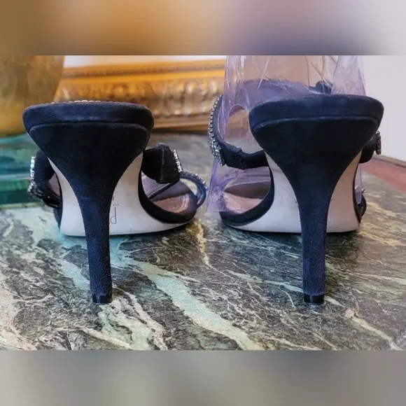 NEW PELLE MODA BLACK CRYSTAL BUCKLE HIGH HEEL SLIDE EVENING SANDALS SHOES 9
