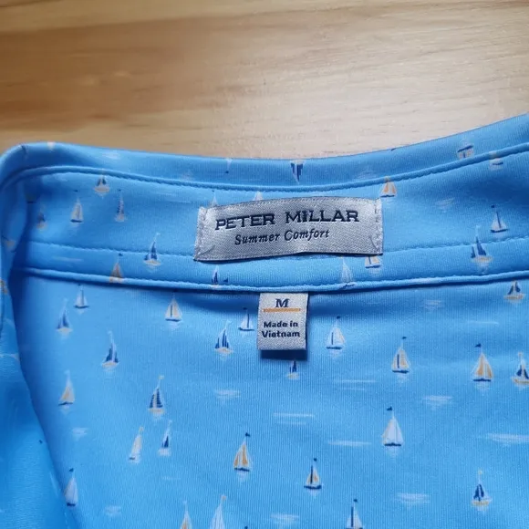NEW Peter Millar Polo Shirt Summer Comfort Mens Medium Blue Geometric Golf Boat