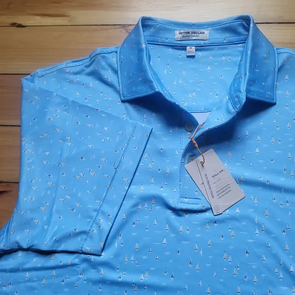 NEW Peter Millar Polo Shirt Summer Comfort Mens Medium Blue Geometric Golf Boat