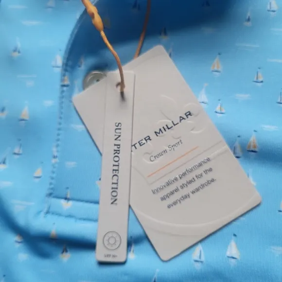 NEW Peter Millar Polo Shirt Summer Comfort Mens Medium Blue Geometric Golf Boat