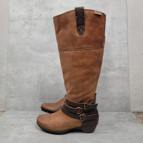New Pikolinos Womens Boots Size 35 US 5 Tall Cognac Brown Leather Strappy Riding