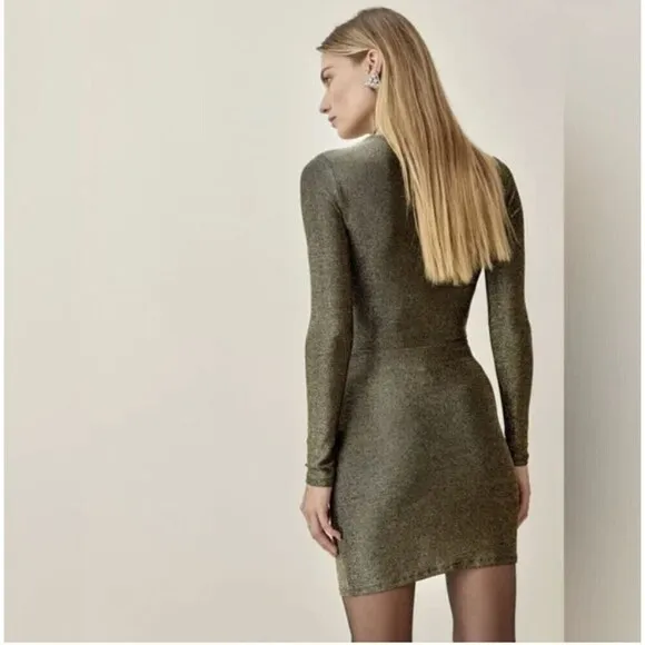 NEW Reformation Paprika Gold Sparkle Long Sleeve Stretchy Knotted Dress Size 3X