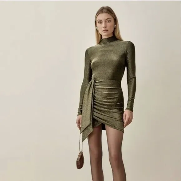 NEW Reformation Paprika Gold Sparkle Long Sleeve Stretchy Knotted Dress Size 3X