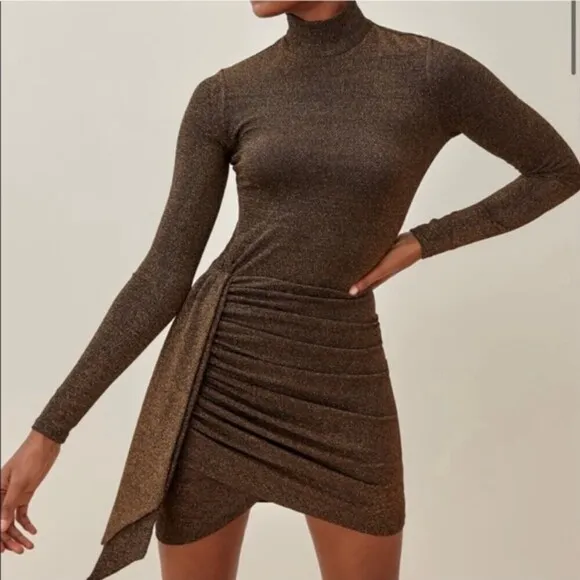 NEW Reformation Paprika Gold Sparkle Long Sleeve Stretchy Knotted Dress Size 3X