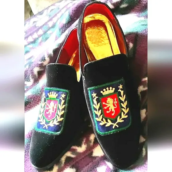 NEW Regal Royal Lion Loafer Black Velvet Slipper Shoes (Men 11.5/46) and Bowtie!