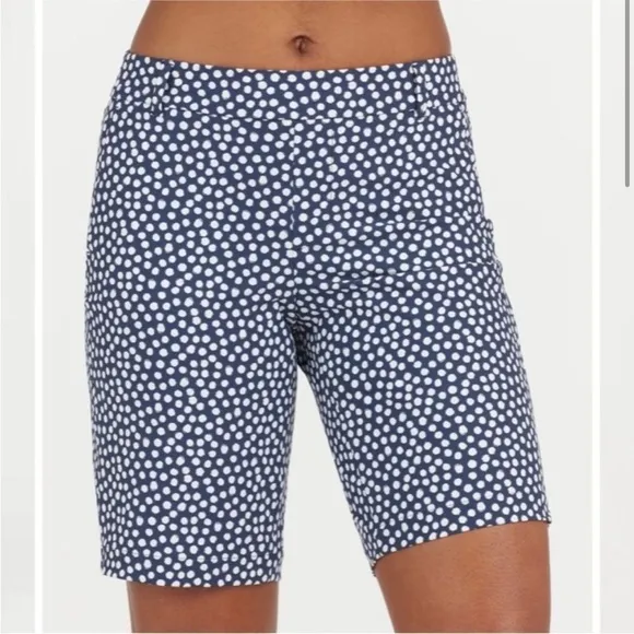New Spanx Sunshine Shorts 10&quot; Bermuda Navy Blue PaintedPolka Dot Medium