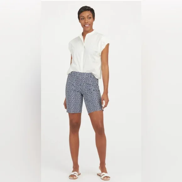 New Spanx Sunshine Shorts 10&quot; Bermuda Navy Blue PaintedPolka Dot Medium