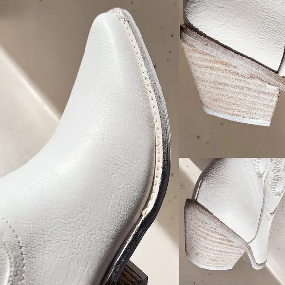 NEW White Cowboy Western Embroidered Stitch Pointy Toe Block Heel Mid Calf Boots
