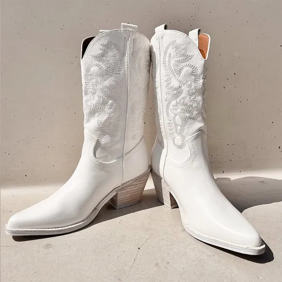 NEW White Cowboy Western Embroidered Stitch Pointy Toe Block Heel Mid Calf Boots