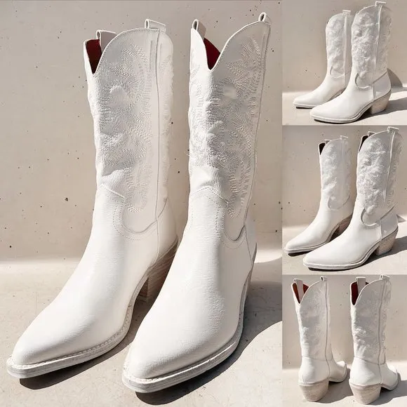 NEW White Cowboy Western Embroidered Stitch Pointy Toe Block Heel Mid Calf Boots