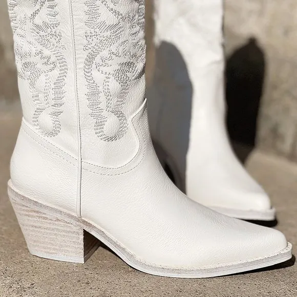 NEW White Cowboy Western Embroidered Stitch Pointy Toe Block Heel Mid Calf Boots
