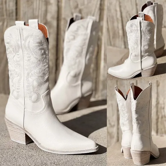 NEW White Cowboy Western Embroidered Stitch Pointy Toe Block Heel Mid Calf Boots