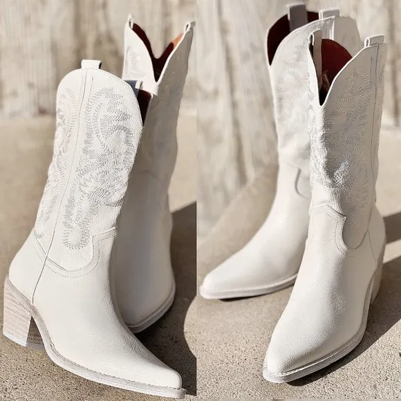 NEW White Cowboy Western Embroidered Stitch Pointy Toe Block Heel Mid Calf Boots
