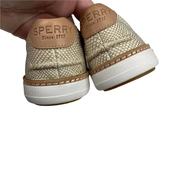 New Women's Sperry Gold &amp; Cream Scaled Rey Leather Slider Boat Shoes-8M