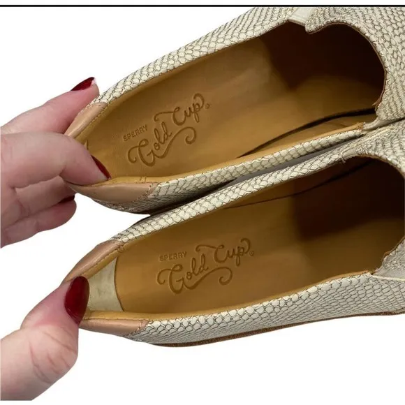 New Women's Sperry Gold &amp; Cream Scaled Rey Leather Slider Boat Shoes-8M