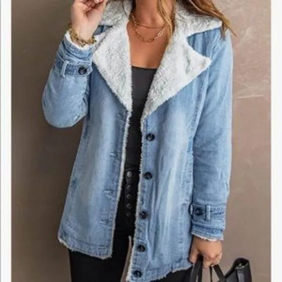 NEW Denim Fur Lined Lapel Coat