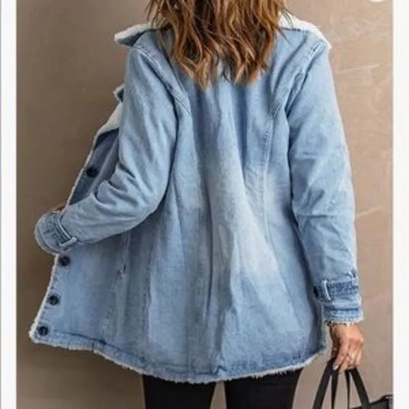 NEW Denim Fur Lined Lapel Coat