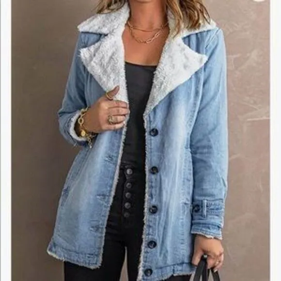 NEW Denim Fur Lined Lapel Coat