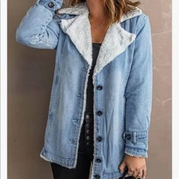 NEW Denim Fur Lined Lapel Coat