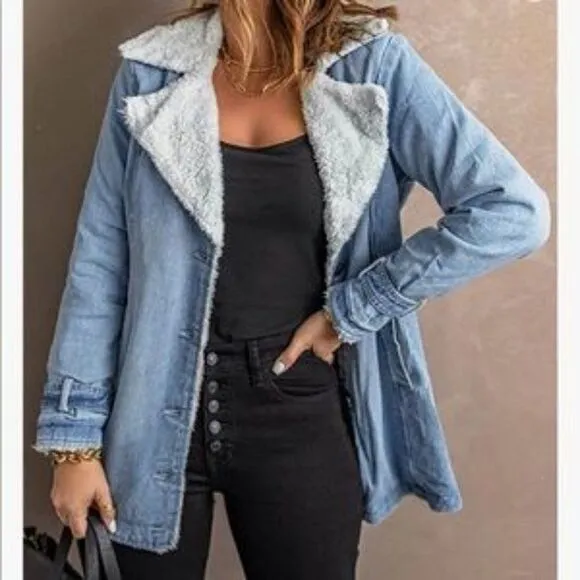 NEW Denim Fur Lined Lapel Coat