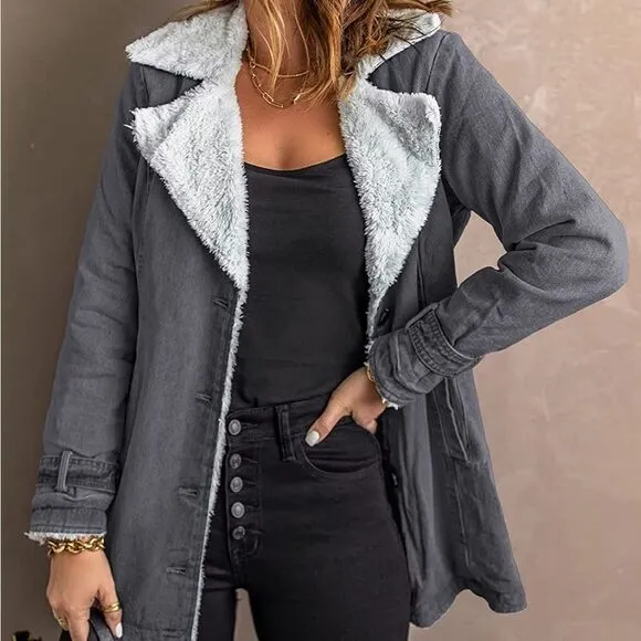 NEW Denim Fur Lined Lapel Coat