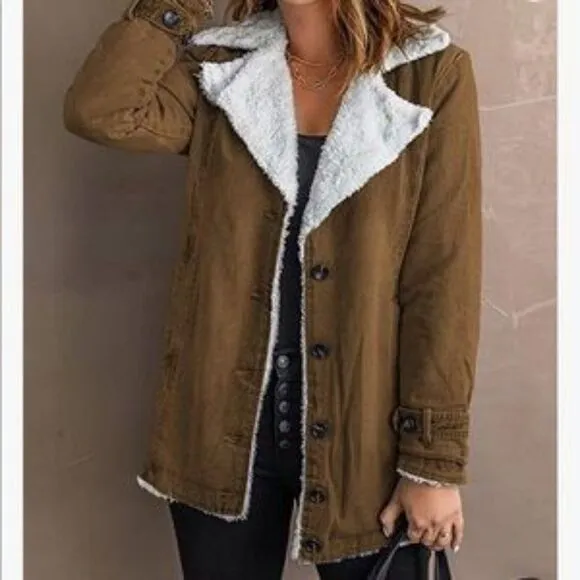 NEW Denim Fur Lined Lapel Coat
