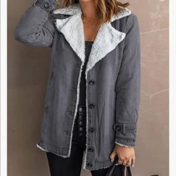 NEW Denim Fur Lined Lapel Coat