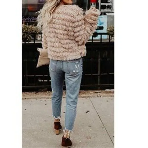 New Open Front Furry Parka Shaggy Jacket