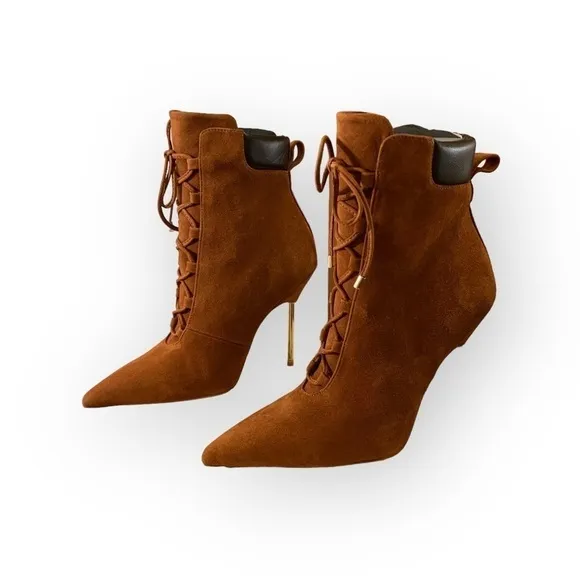 NIB Good American Suede Tobacco Scandal Lace Up Booties -Size 7
